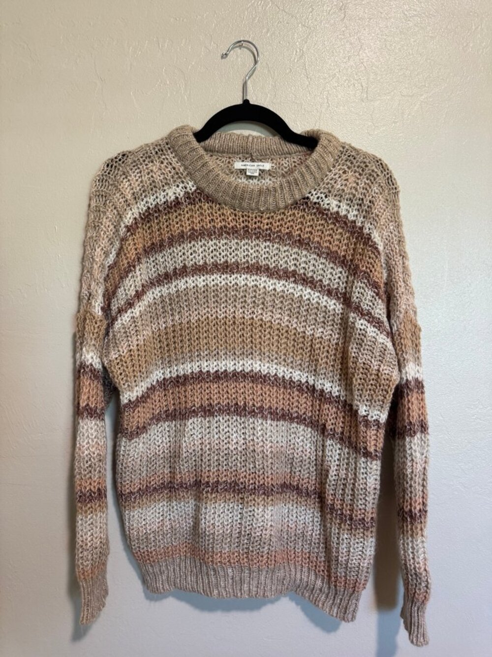 American Eagle XS Neutral Striped Open Knit Oversized Sweater